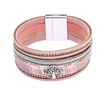 Tree of Life Leather Effect Sparkle Magnetic Clasp Bracelet - Pink
