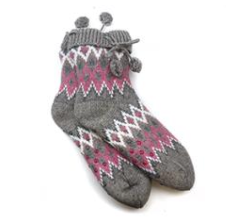 POM Grey & Pink Diamond Knit Cozy Socks