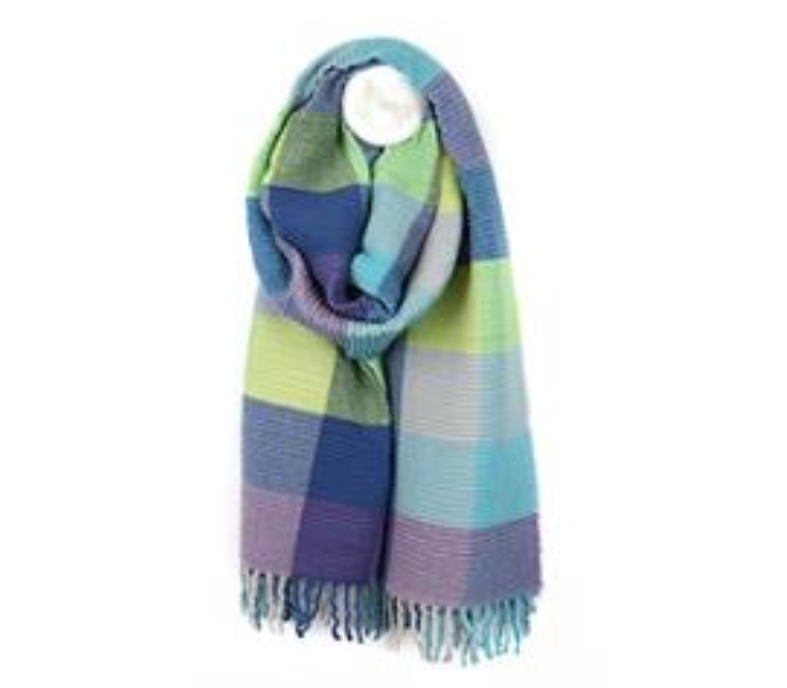 POM Blue & Lime Check Tassel Blanket Scarf