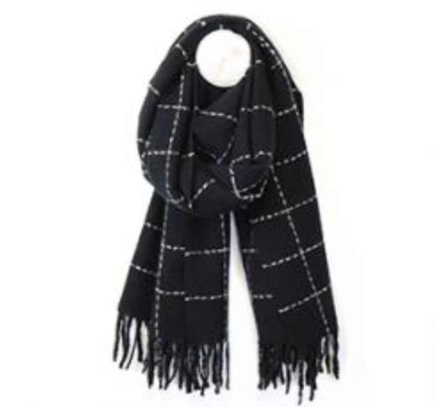 POM Black Fine Checkered Fringe Scarf