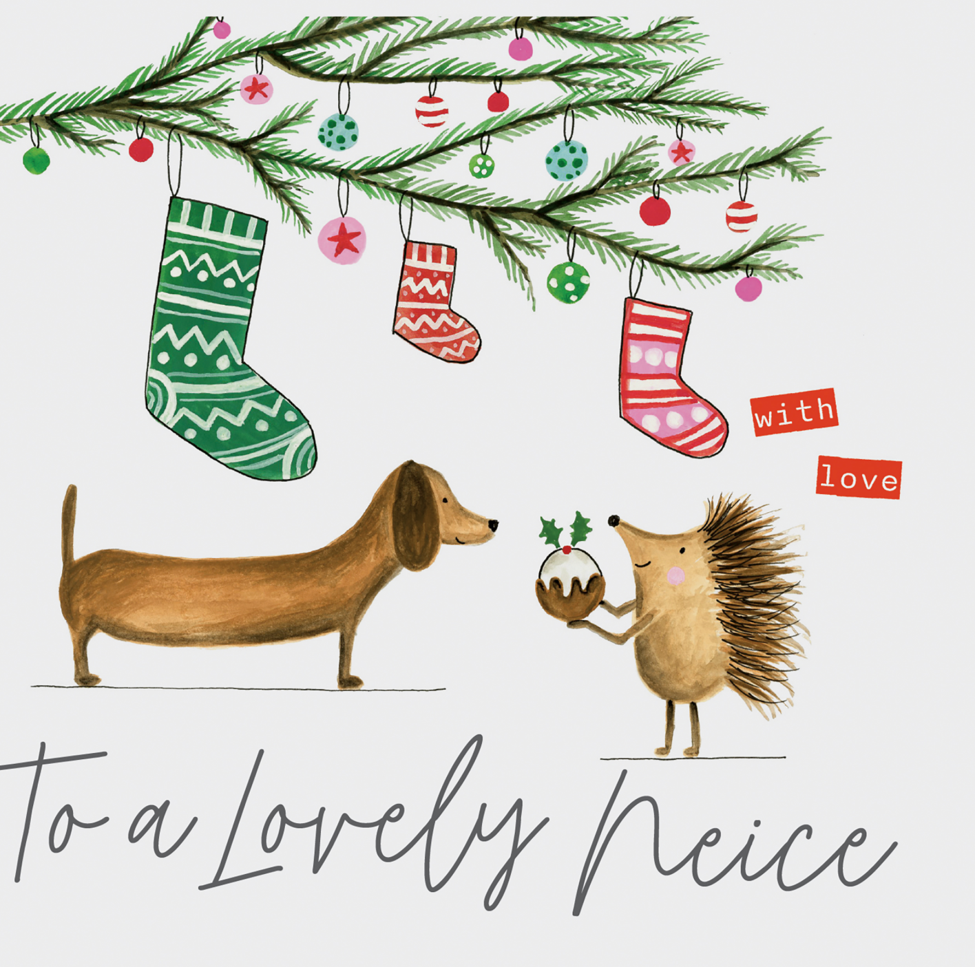 To A Lovely Niece - Hedgehog Holding Christmas Pudding/Stockings/Sausage Dog Card
