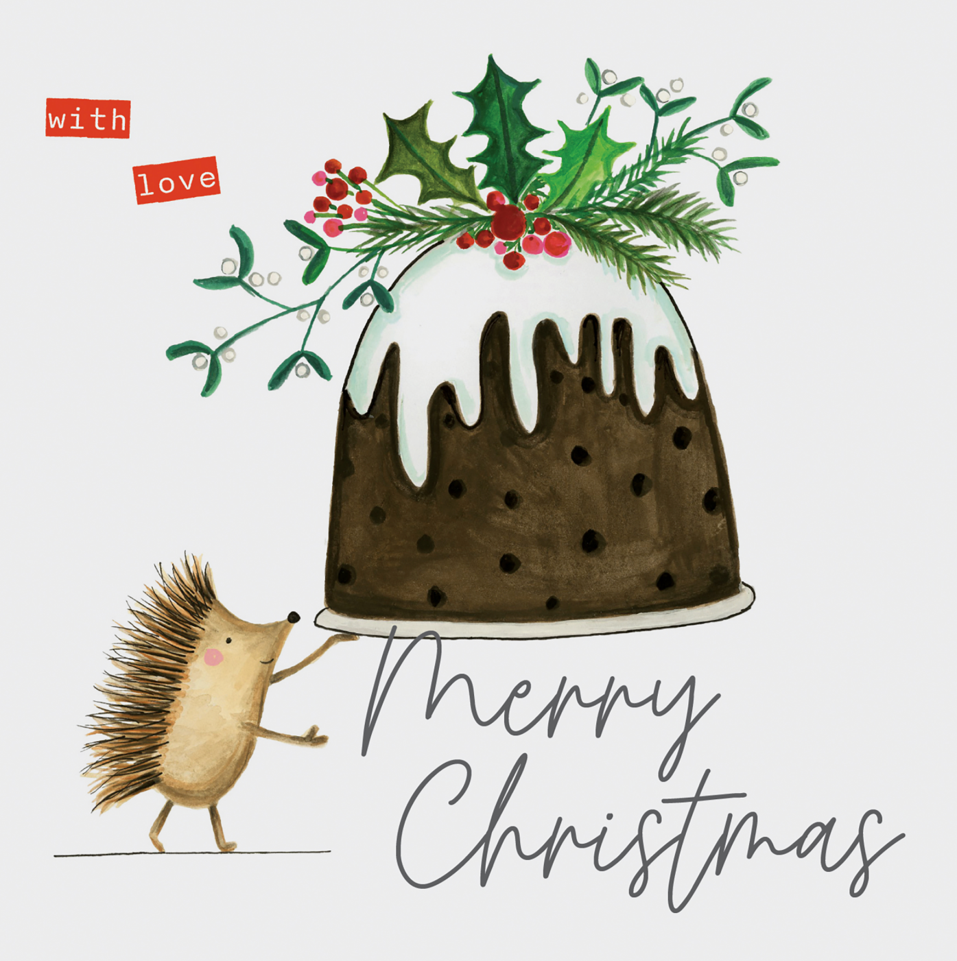 Merry Christmas With Love - Hedgehog Holding a Christmas Pudding Card