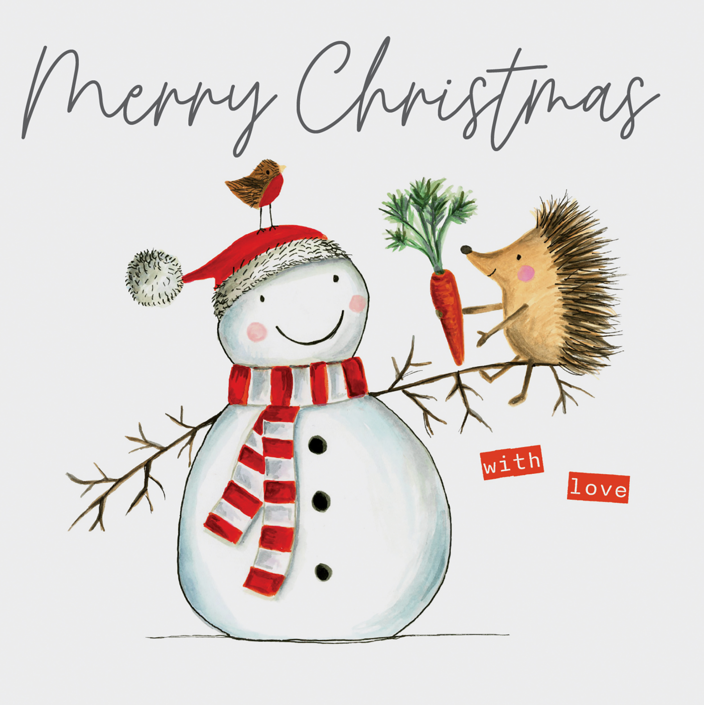 Merry Christmas With Love - Snowman Holding A Hedgehog With Carrot Card