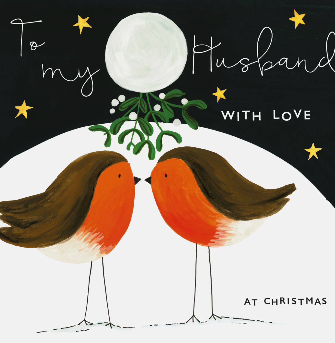To My Husband At Christmas With Love - 2 Robins/Mistletoe Card