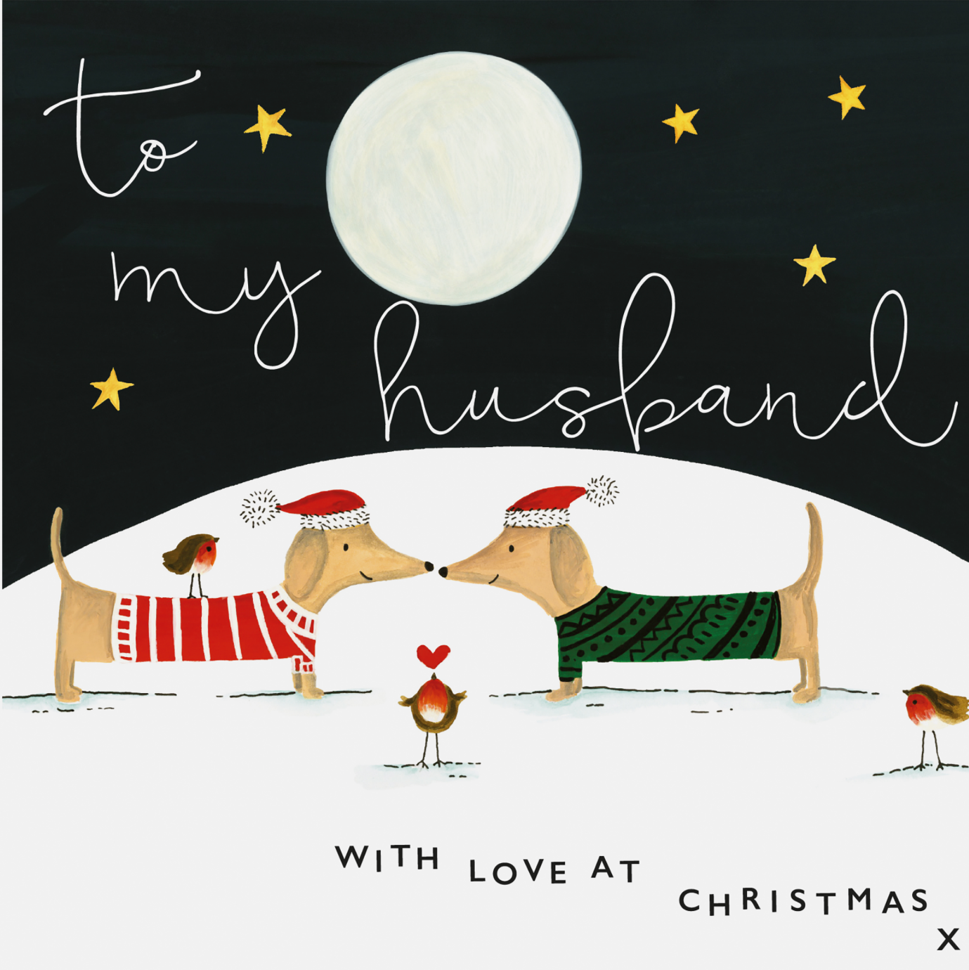 To My Husband With Love At Christmas - 2 Sausages Dogs Wearing Santa Hats Card