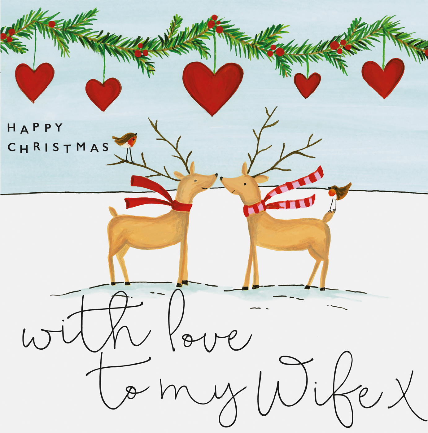 Happy Christmas With Love To My Wife - Hearts & 2 Reindeer's Card