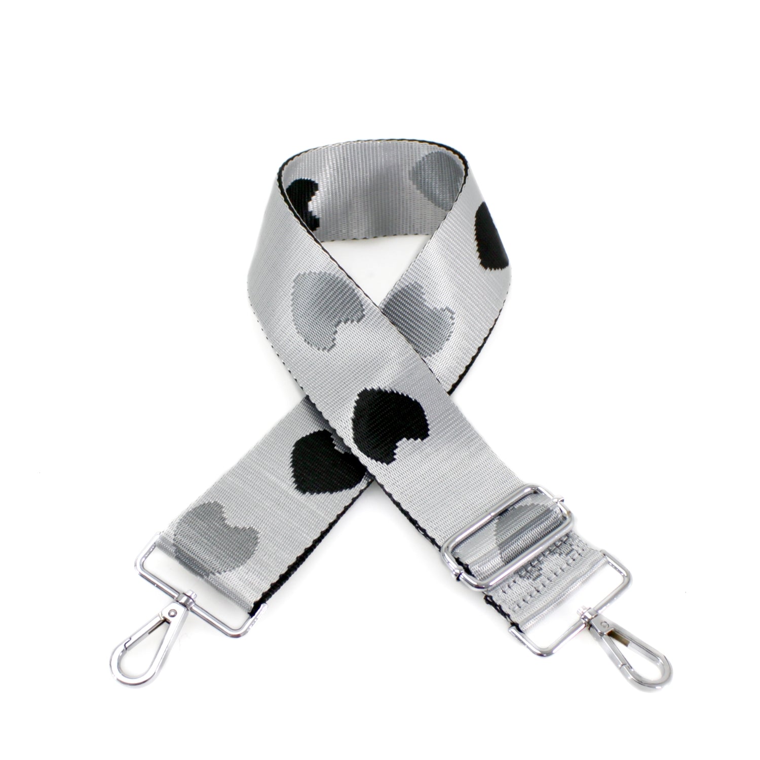 Canvas Bag Strap - Black & Silver Hearts