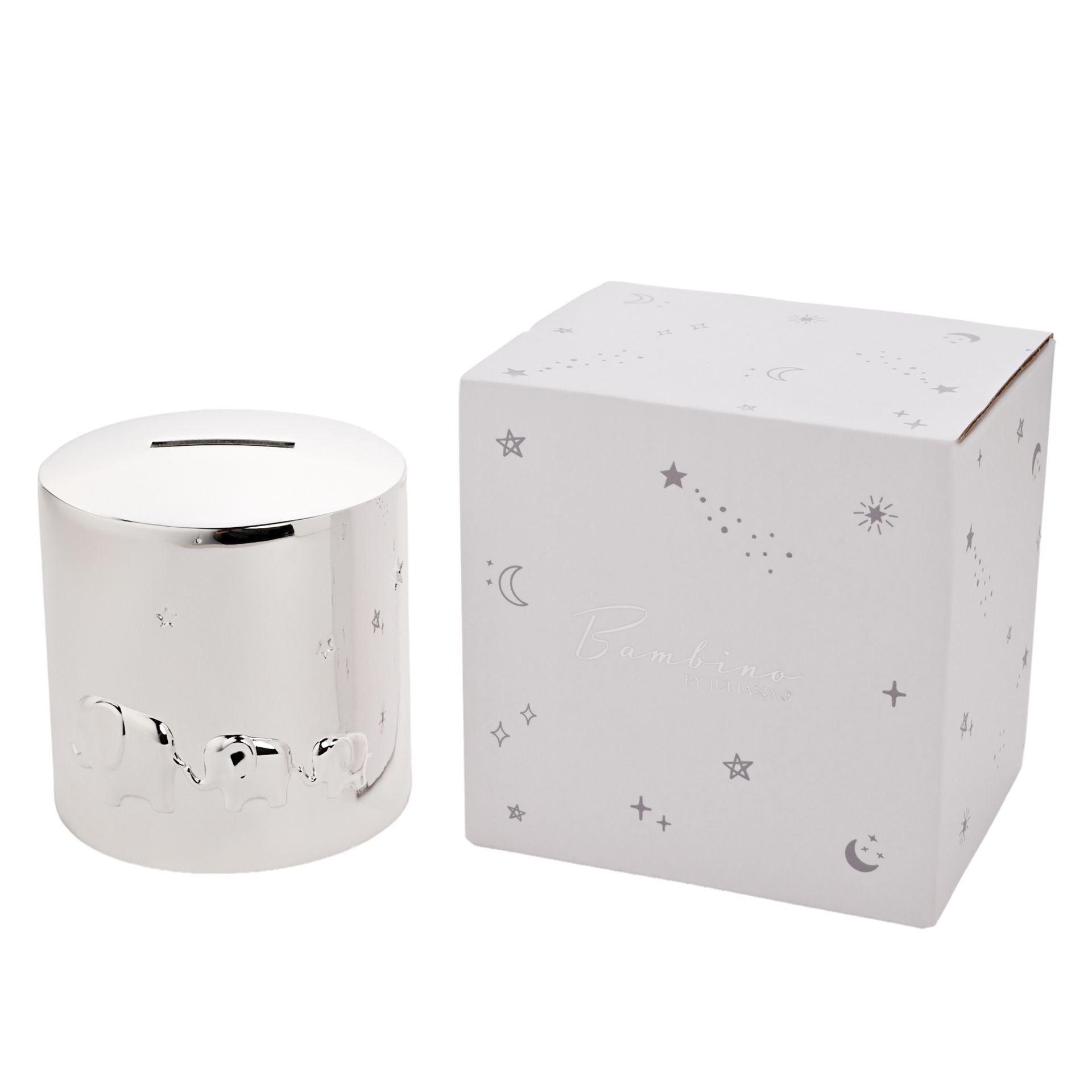 Bambino Silver Plated Round Money Box with Elephants