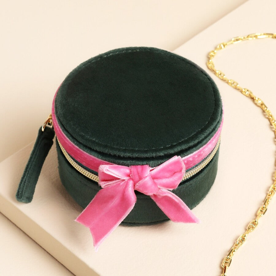 Lisa Angel Green & Pink Bow Round Jewellery Box