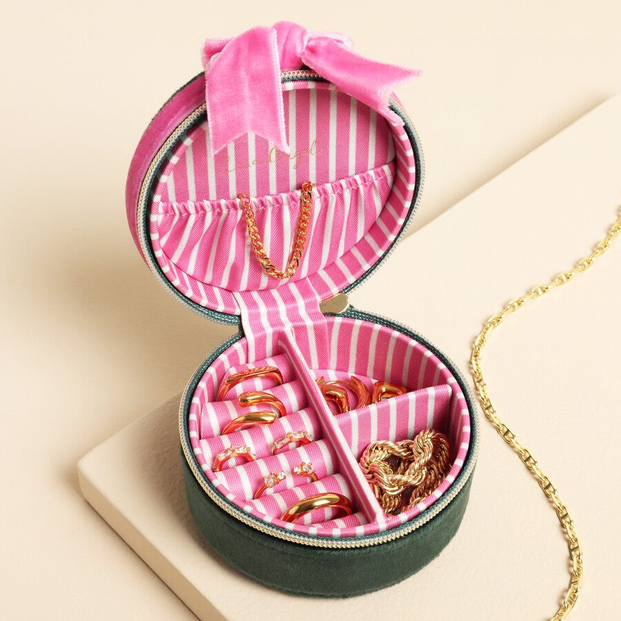 Lisa Angel Green & Pink Bow Round Jewellery Box