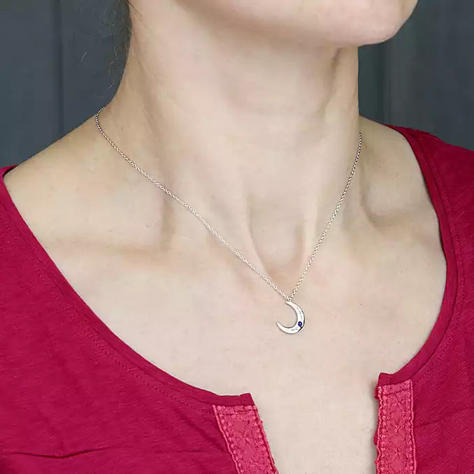 Sterling Silver Lapis and CZ Moon Necklace