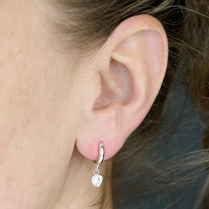 Sterling Silver Heart CZ Huggie Hoop Earrings