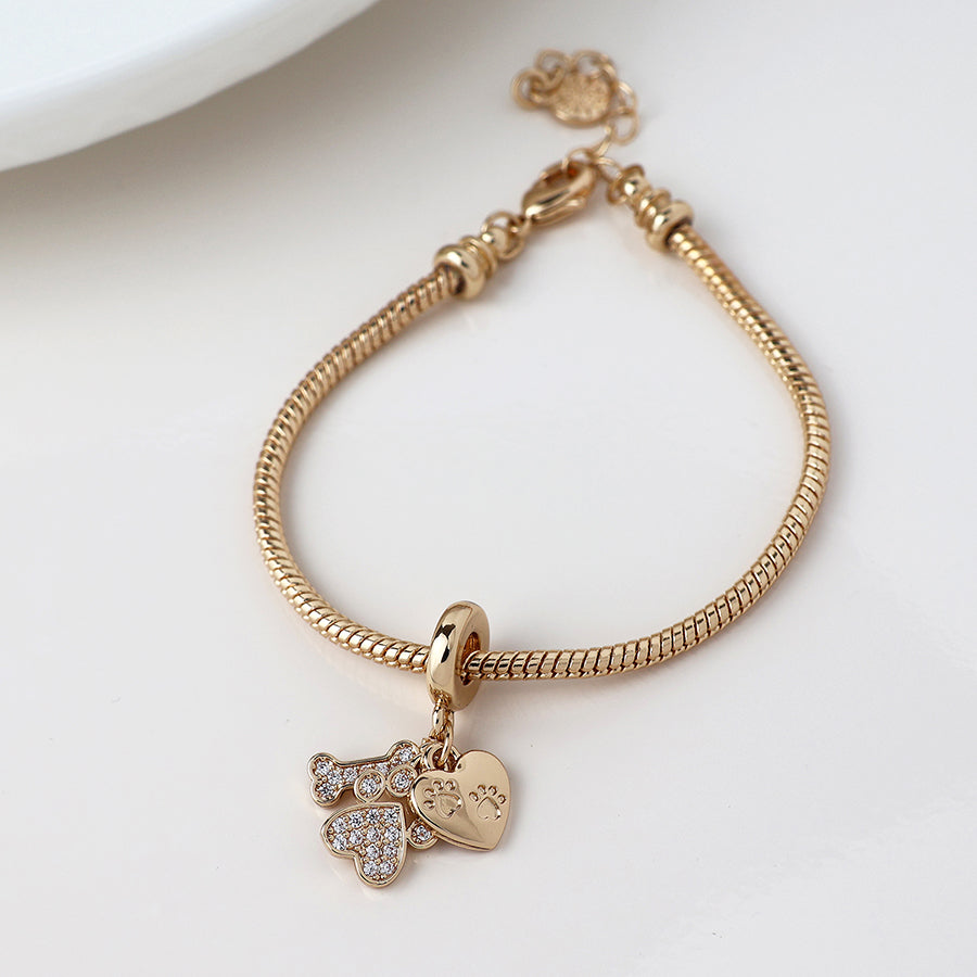 POM Golden Crystal Paw, Bone & Heart Print Charm Bracelet - More Than Just a Gift | Narborough Hall