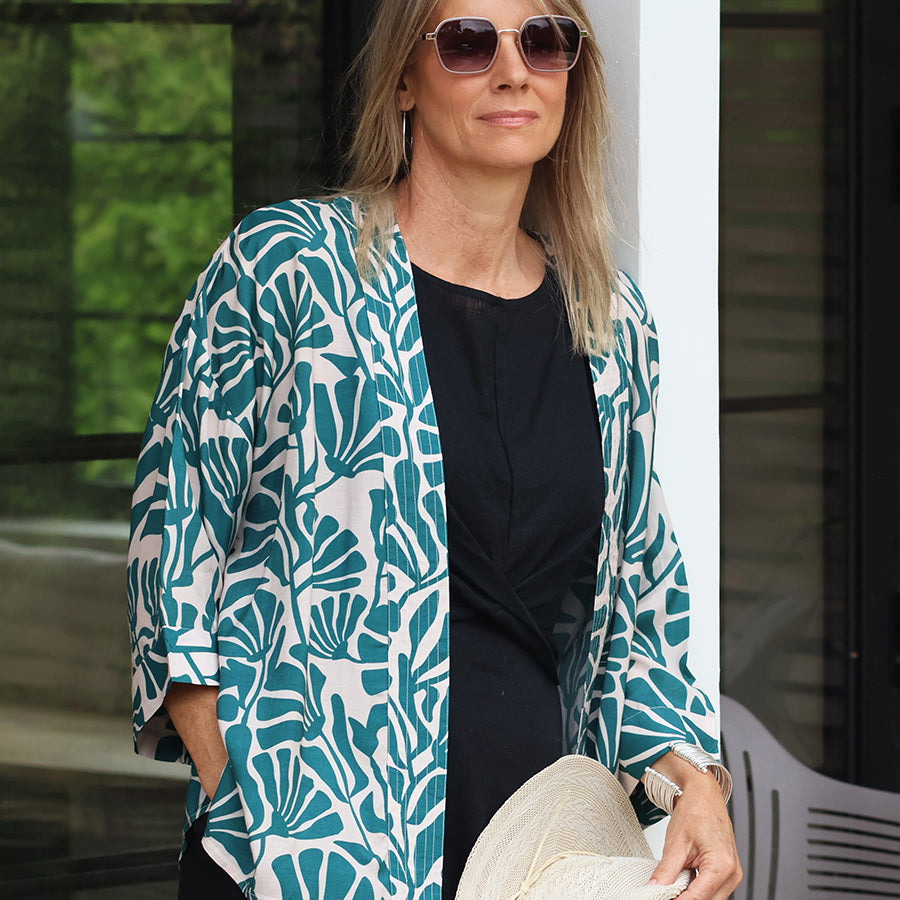 POM Teal Silhouette Print Kimono - More Than Just a Gift | Narborough Hall
