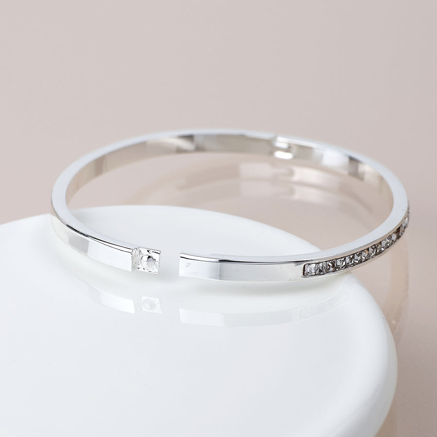 POM Silver Plated Clear Crystal Hinged Bangle
