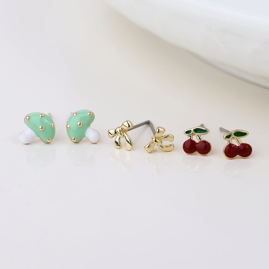POM Golden Toadstool, Bow & Cherry Stud Earring Set - More Than Just a Gift | Narborough Hall