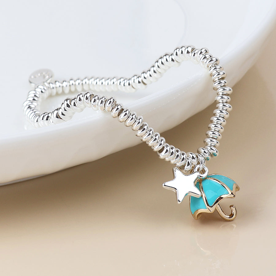POM Silver Plated Beaded Bracelet with Star & Umbrella Charms - More Than Just a Gift | Narborough Hall