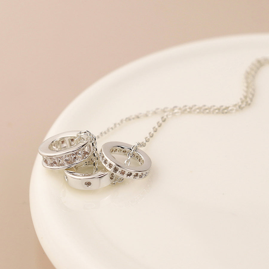 POM Silver Plated Triple Mini Crystal Rings Necklace