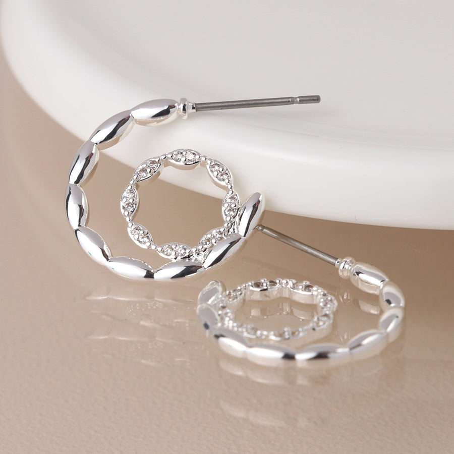 POM Silver Plated Scalloped & Pave Hoop Earrings