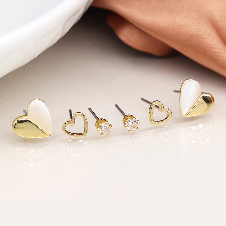 POM Faux Gold Heart & Crystal Triple Earring Set