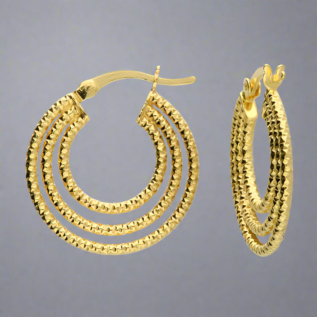 Sterling Silver Gold Plated Triple Diamond Cut Hinged Hoop Earrings