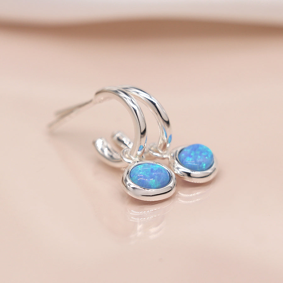 Sterling Silver Round Blue Opal Hoop Stud Earrings