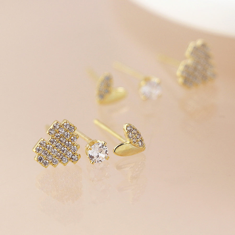POM Gold Plated Crystal Hearts Earring Set