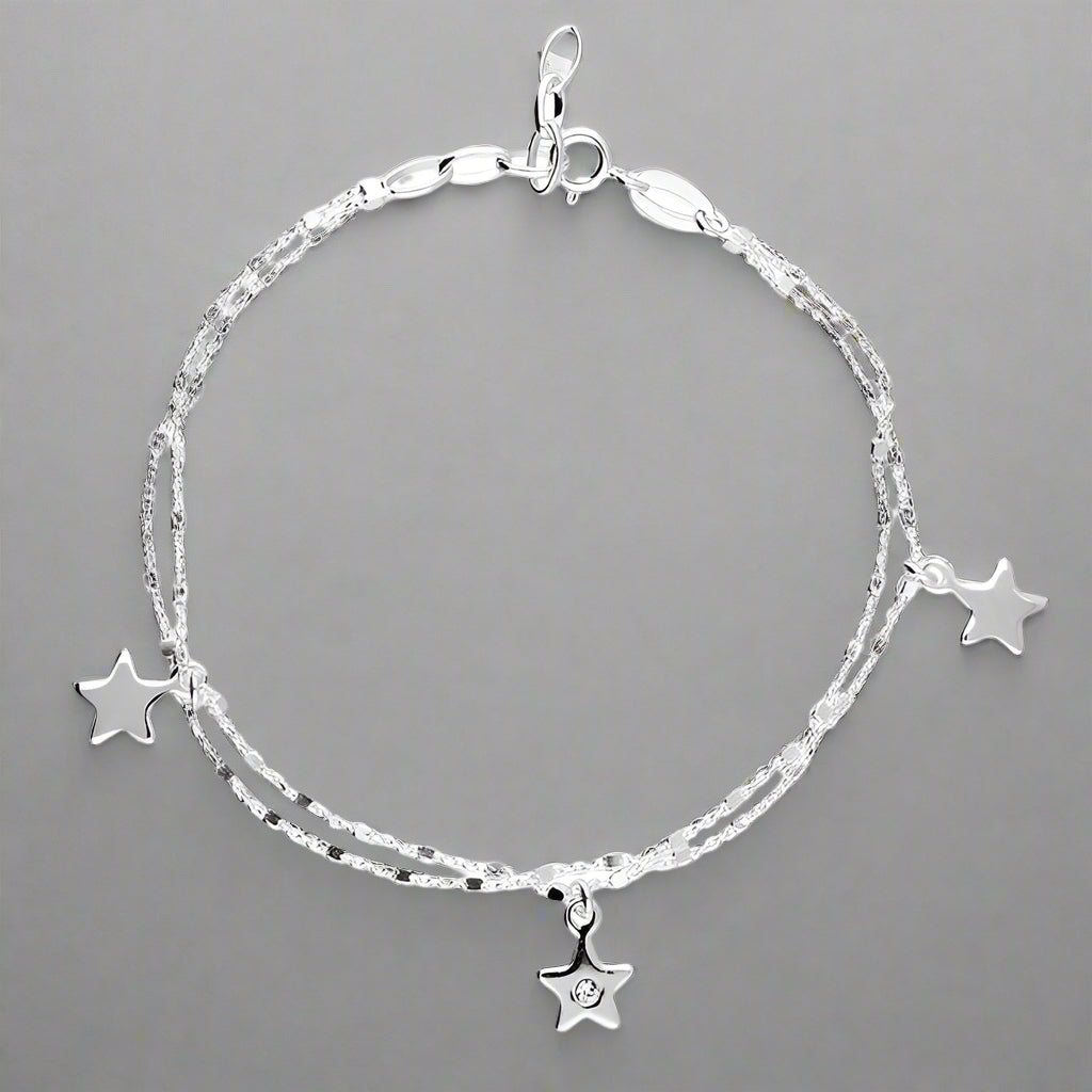 Sterling Silver Double Chain 3 Stars Bracelet