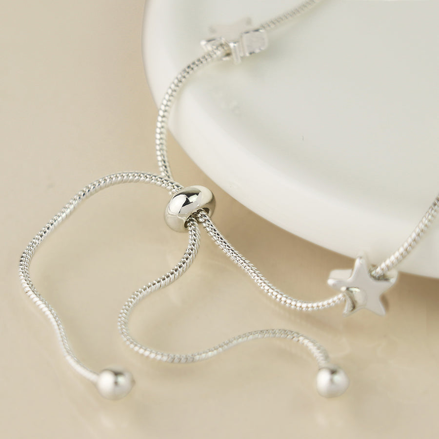 POM Silver Plated Snake Chain Stars Adjustable Bracelet