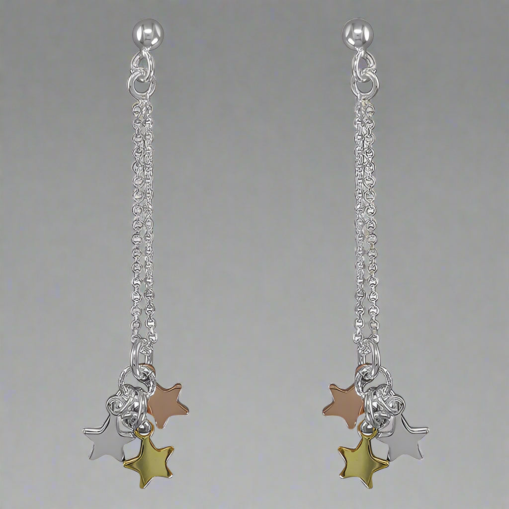 Sterling Silver 3-Tone Triple Star Earrings