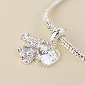 POM Silver Plated Crystal Paw, Bone & Heart Print Charm Bracelet - More Than Just a Gift | Narborough Hall