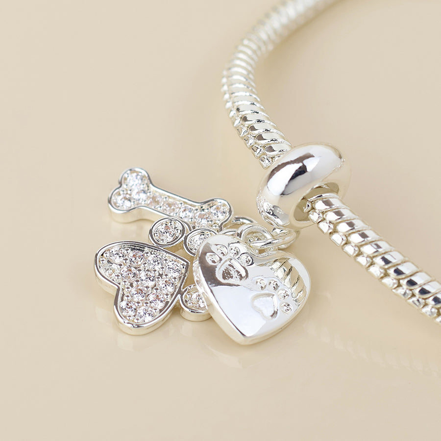 POM Silver Plated Crystal Paw, Bone & Heart Print Charm Bracelet - More Than Just a Gift | Narborough Hall