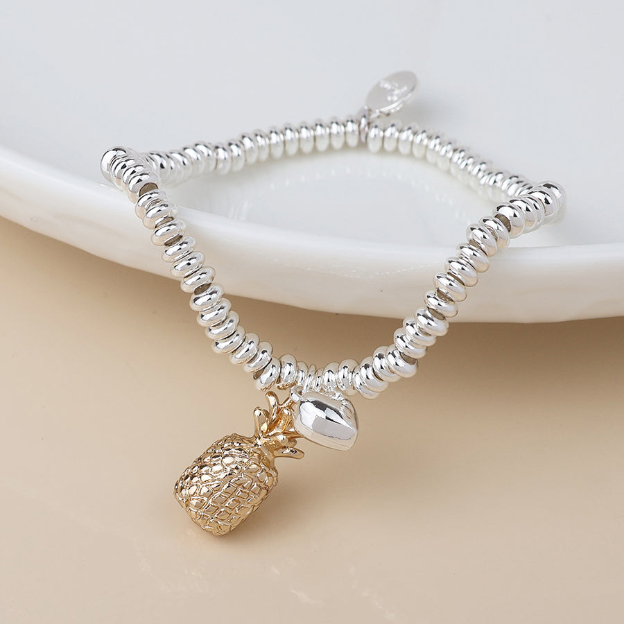 POM Silver Plated Beaded Bracelet with Pineapple & Heart Charms - More Than Just a Gift | Narborough Hall
