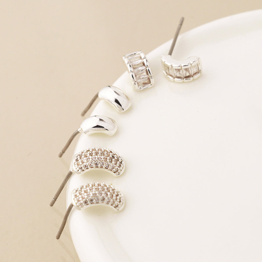 POM Silver Plated Triple Curve Stud Earring Set