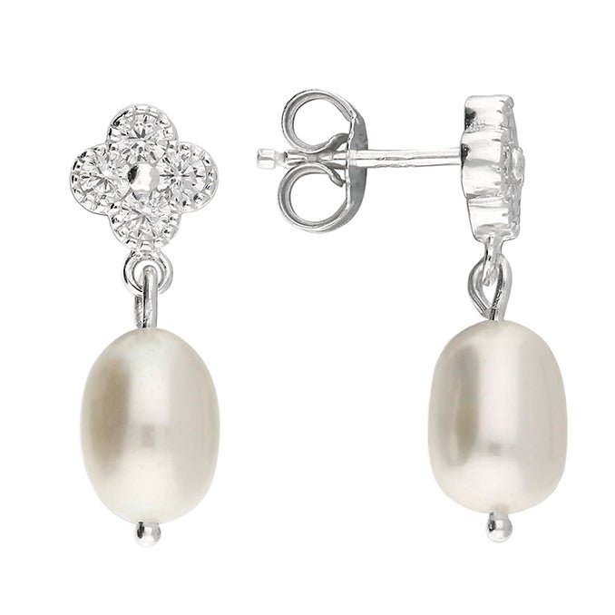 Sterling Silver Quatrefoil Freshwater Pearl Drop Earrings