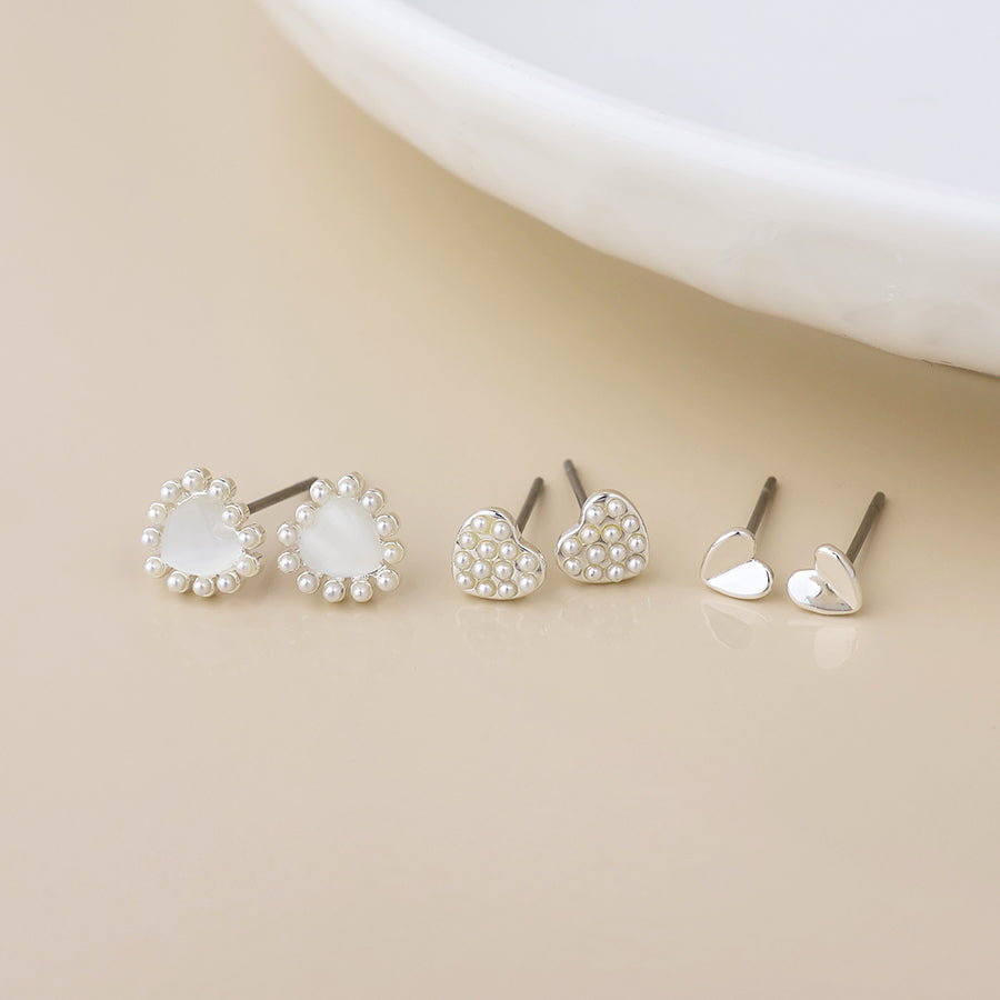 POM Silver Plated Triple Heart & Pearl Stud Earring Set - More Than Just a Gift | Narborough Hall
