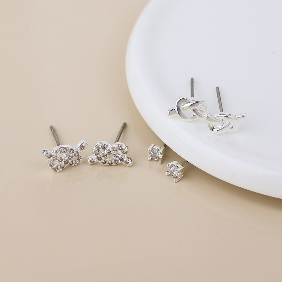 POM Silver Plated Triple Knots & Crystal Stud Earring Set - More Than Just a Gift | Narborough Hall