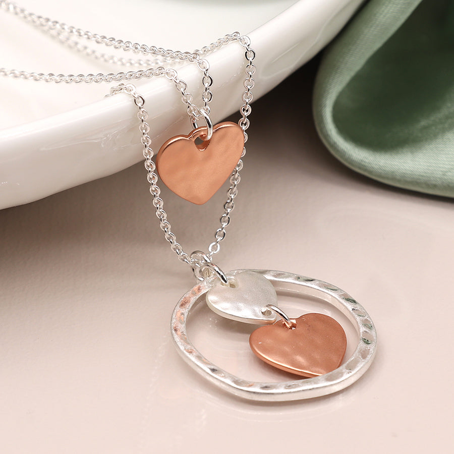 POM Silver Plated Double Layer Silver & Rose Gold Heart Necklace
