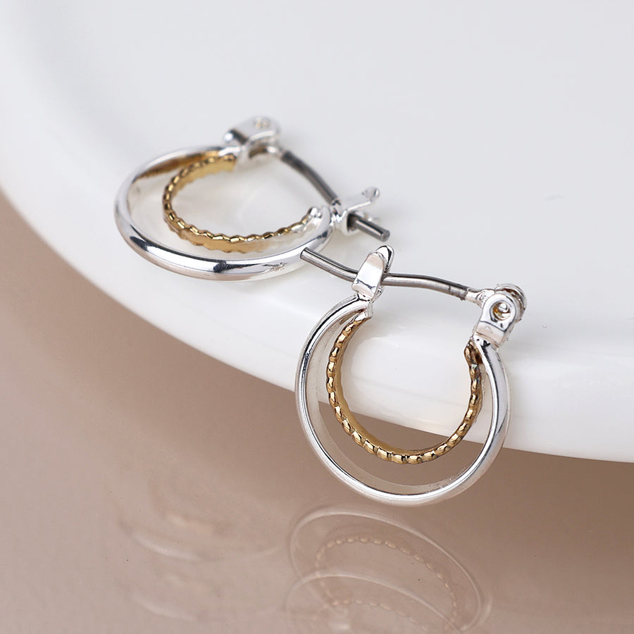 POM Silver Plated Mixed Finish Double Hoop Earrings