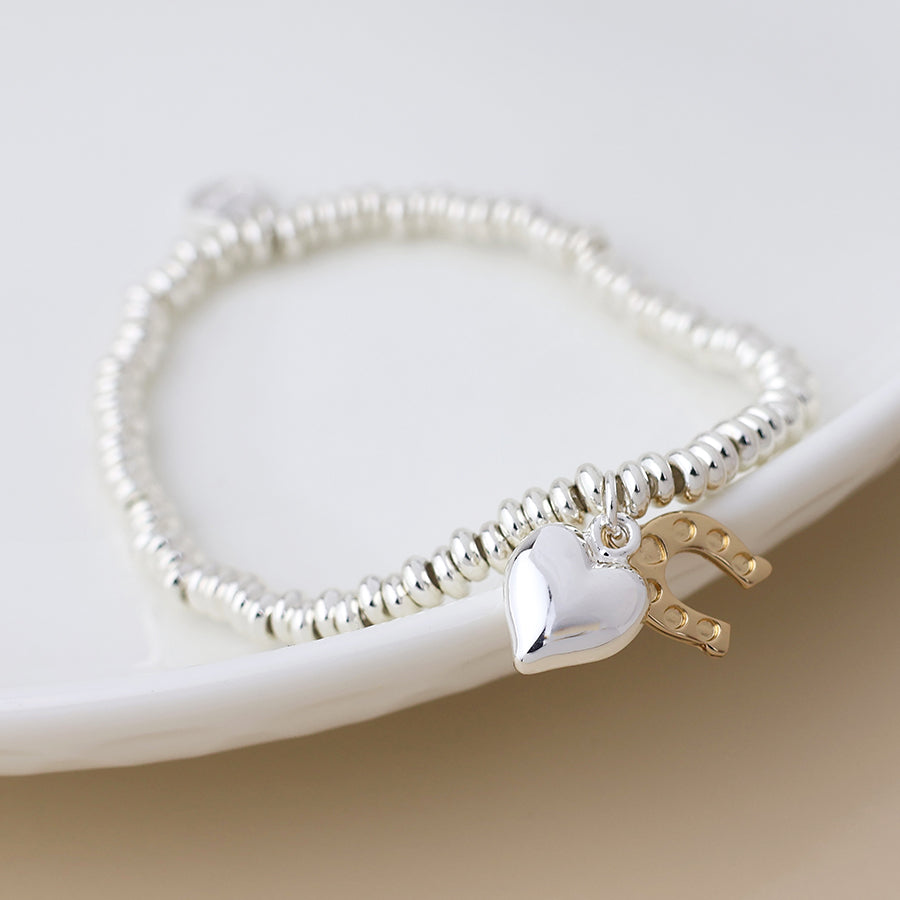 POM Silver Plated Bead, Heart & Golden Horse Shoe Charm Bracelet - More Than Just a Gift | Narborough Hall