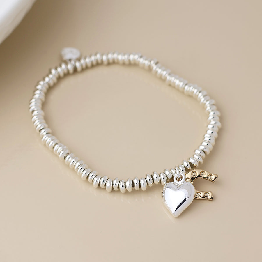 POM Silver Plated Bead, Heart & Golden Horse Shoe Charm Bracelet - More Than Just a Gift | Narborough Hall