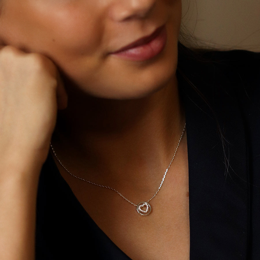 POM Silver Plated Heart & Circle Crystal Necklace