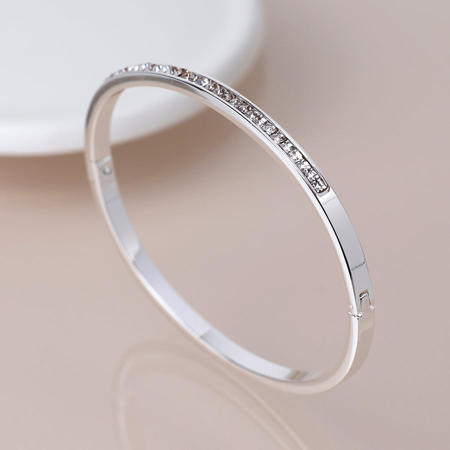 POM Silver Plated Clear Crystal Hinged Bangle