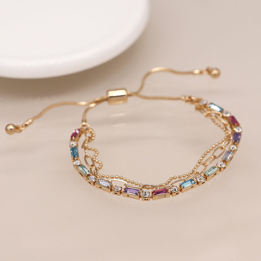 POM Gold Plated Multicolour Crystal & Chain Bracelet