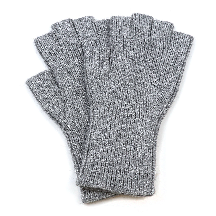 POM Light Grey Marl Ribbed Fingerless Gloves