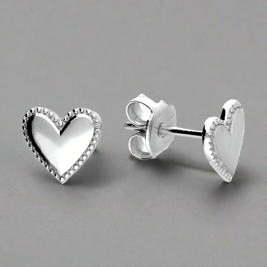 Sterling Silver Heart Stud with Beaded Edge Earrings