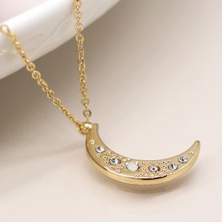 POM Faux Gold Crystal Inset Moon Necklace