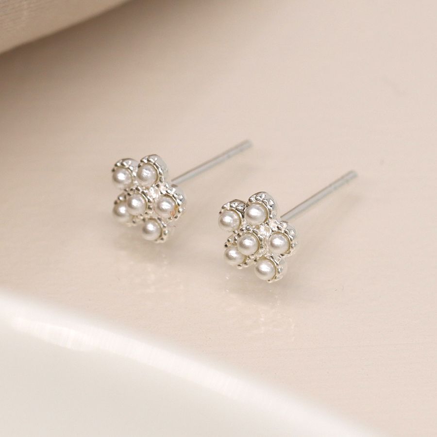 POM Sterling Silver Faux Pearl Beaded Flower Stud Earrings