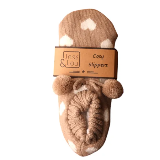 Taupe & White Heart Cosy Slippers