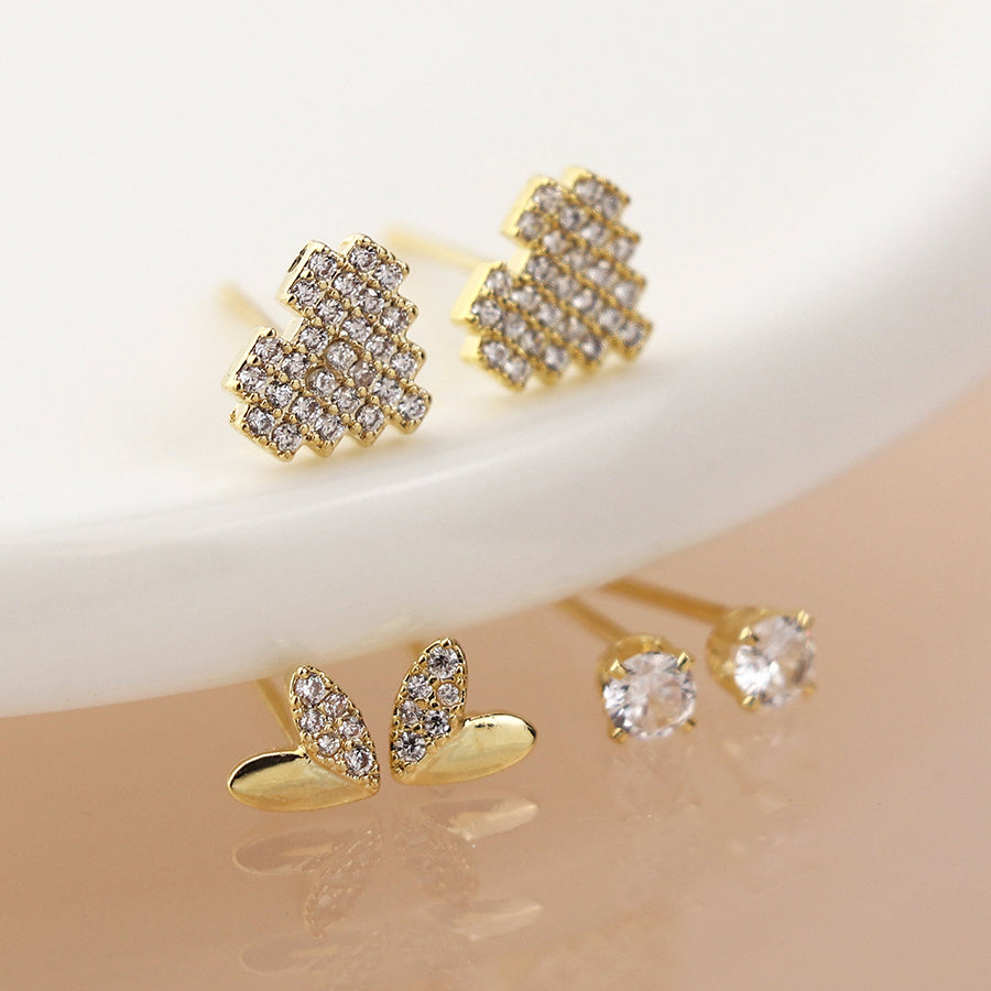 POM Gold Plated Crystal Hearts Earring Set